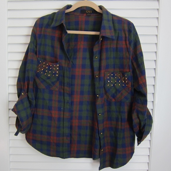 OVI Multicolor Plaid Flannel Button Down shirt w/ Gold Studs sz L - Picture 1 of 4